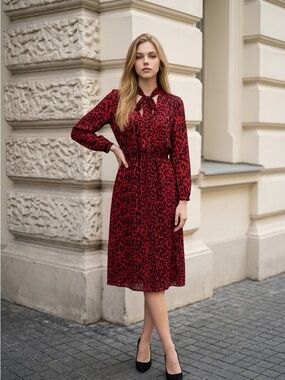 Zara Leopard-Print Tie-Neck Midi Dress